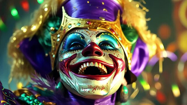 Carnaval jester with colorful face paint laughs among swirling confetti and dramatic lighting