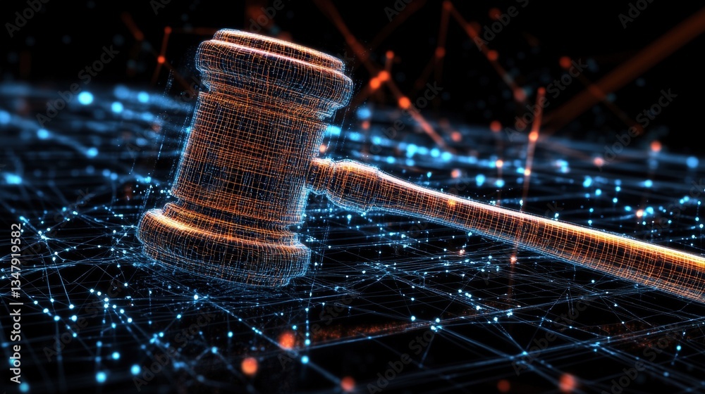 Poster wireframe model of judge's gavel intersecting with glowing blue and orange lines symbolizing the fus