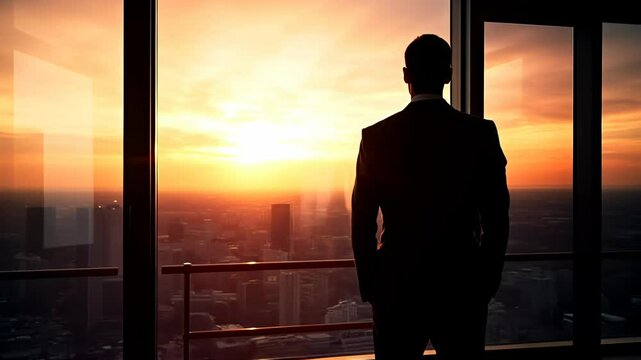 Businessman standing in front of a large glass window, looking out at the city skyline, representing the idea of of clear vision and a long-term perspective in achieving business success
