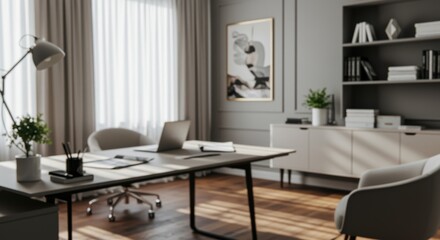 A modern office with a sleek desk, laptop, and stylish decor. Natural light fills the room through sheer curtains, showcasing minimalist design and potted greenery.