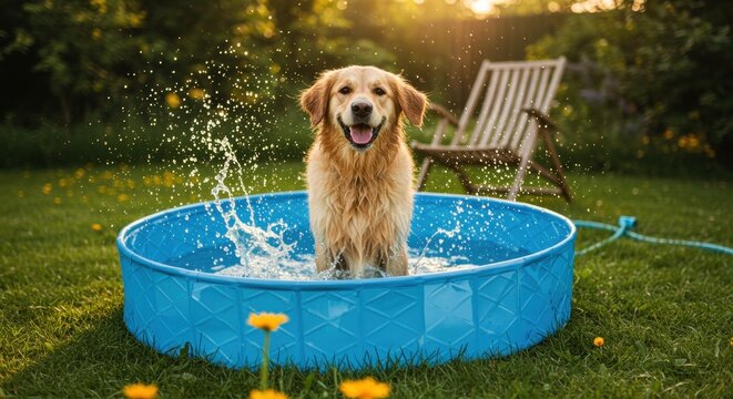 A playful golden retriever stands joyfully in a bright blue kiddie pool, splashing water around in a sunny backyard. The lush greenery and scattered flowers create a vibrant summer scene.