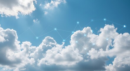 Bright blue sky with white clouds overlaid with a digital network of interconnected nodes. Background, This representation symbolizes cloud computing, Generated Ai
