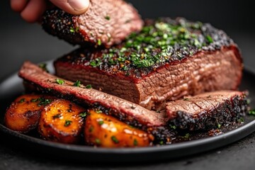 Texas brisket served with smoked caramelized onions showcases the rich flavors of barbecue cuisine