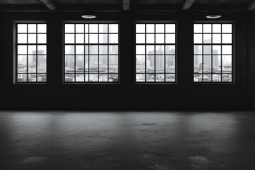Industrial loft interior with city view. Possible use Commercial space design
