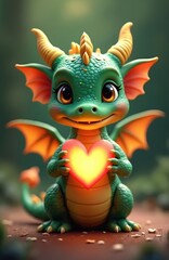 Cute green dragon holds glowing heart in its hands, perfect Valentine Day card. Funny little dino, cartoon character, illustration for kids, babies. Holiday love, romance concept.