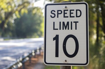 A close-up of a speed limit 10 mph traffic sign