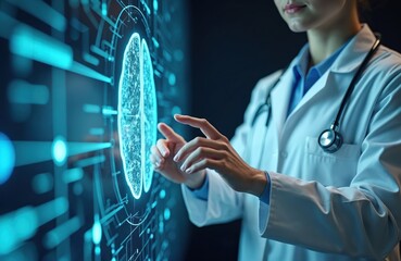 Female doctor interacts with digital brain interface representing innovation tech in medicine. Healthcare professional wears white coat with stethoscope at work. Futuristic AI in medical research,