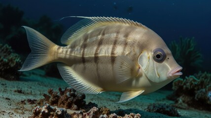 Fototapeta premium Underwater shot of a fish, light brownish-gray with dark stripes