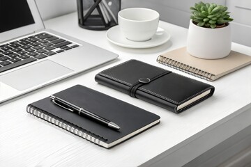 Monochrome Desk Setup with Notebook and Pen

