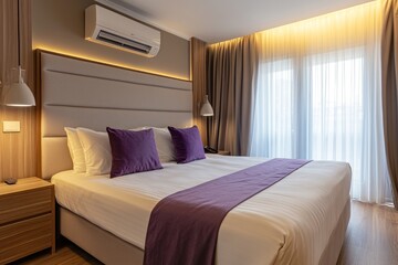 A modern bedroom showcases luxurious bedding and elegant ambiance