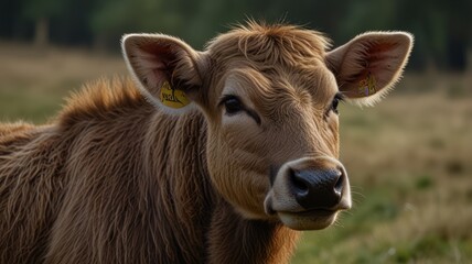 Close-up of a young brown cow in a field