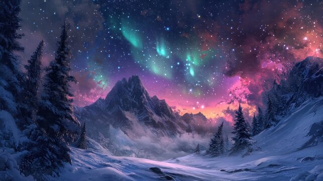 Aurora Borealis paints the sky over a snow-covered mountain landscape