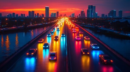 Fototapeta premium City Expressway Traffic at Sunset