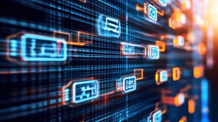 Abstract digital illustration of glowing data streams and icons flowing over a gridded background symbolizing intricate data transfer processes visually represented.