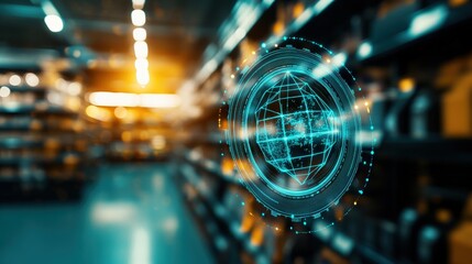 Digital Enhancement of Glowing Wireframe Globe on Blurred Background Representing Global Supply Chain Management in a Retail Environment