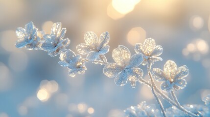 Fototapeta premium Frozen flower branch in winter sunrise