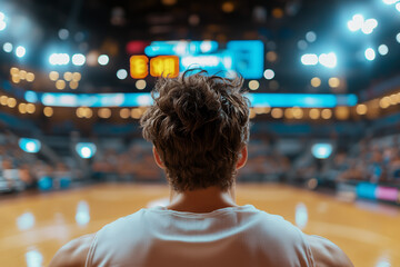 Fototapeta premium A striking portrait of a basketball player seen from behind, standing tall in an empty arena