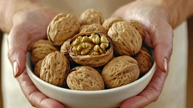 Hands holding a bowl of walnuts with a cracked shell revealing the nut inside