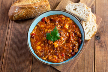 Chili con carne in a bowl