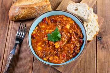 Chili con carne in a bowl