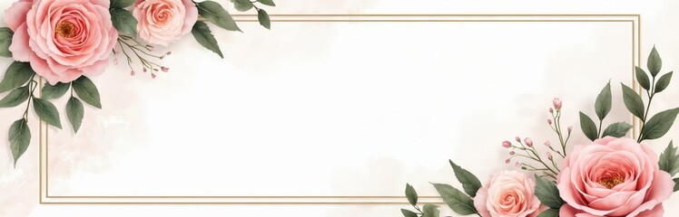 Elegant wedding card design with soft edges, light white color palette. Romantic floral motifs in watercolor style. Roses, leaves, invitation, marriage, love, valentine day card.