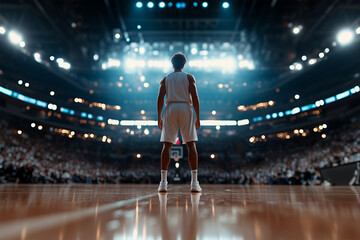 A striking portrait of a basketball player seen from behind, standing tall in an empty arena