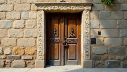 Fototapeta premium A beautiful old wooden door with intricate carvings and a rusty iron knocker on a old stone wall, old doors, carvings, rustic