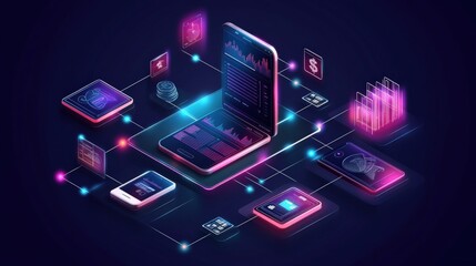 Isometric Illustration of Interconnected Smartphones and Digital Devices Showcasing Financial Data, Charts, and Currency Symbols in Network Concept