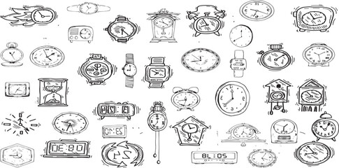 Set of doodle sketch watches. Alarm clocks, sand glasses, stop-watch and timer. 