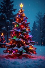 A Christmas tree with colorful lights and ornaments displayed on a snowy evening , , christmas tree, festive