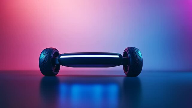 Sleek electric hoverboard illuminated by vibrant neon lights