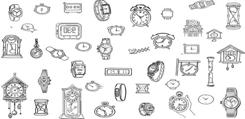 Set of doodle sketch watches. Alarm clocks, sand glasses, stop-watch and timer. 
