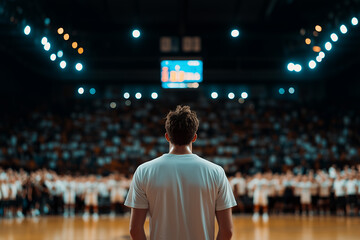 Fototapeta premium A striking portrait of a basketball player seen from behind, standing tall in an empty arena