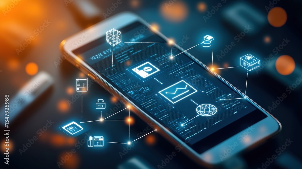 Poster a smartphone with a holographic interface showcasing interconnected data applications and network co