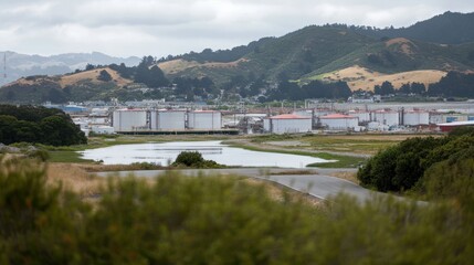 Fototapeta premium Industrial Landscape: Oil Refinery nestled in Coastal Hills