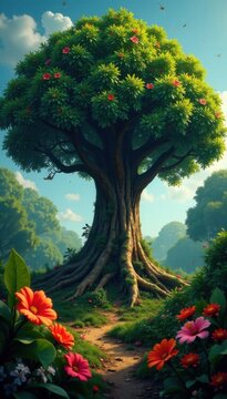 A giant fig tree stands tall amidst the dense undergrowth with exotic flowers blooming at its base , plants, trees