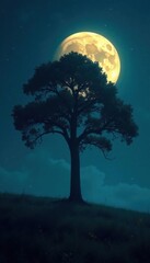 A lone tree stands in a deserted forest under the glowing full moon , gloom, darksky