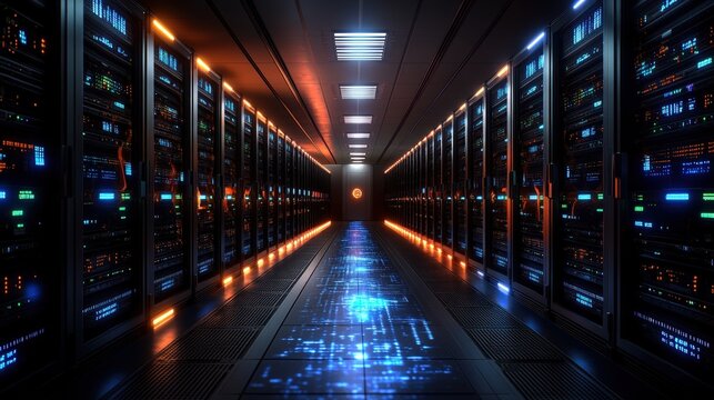 A Long Dimly Lit Server Room with Rows of Brightly Lit Server Racks Bathed in Orange and Blue Lights Featu a Glowing Floor Pattern Illumination