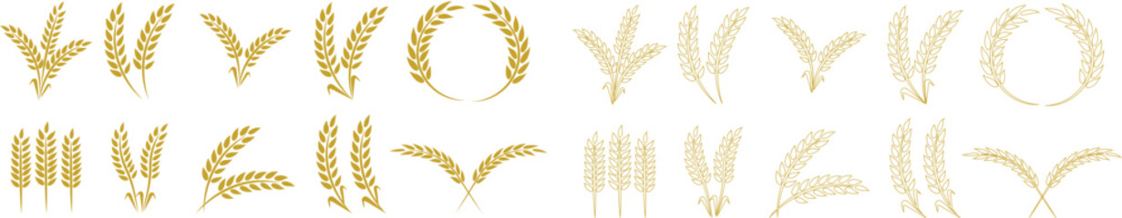 Wheats ears icon set and wheat design elements flat line vector collection isolated on transparent background. Harvest wheat grain, growth rice stalk and whole bread grains or field cereal nutritious. © WaQar