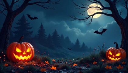 Fototapeta premium A spooky Halloween-themed background with cobwebs and jack-o-lanterns, halloween, dark