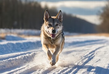 Naklejka premium Czechoslovakian Wolfdog running in the countryside of czech, in a cold and foggy meadown, wild doggy in the natural ambient