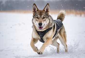 Fototapeta premium Czechoslovakian Wolfdog running in the snowy countryside of czech during winter, in a cold and snow meadown, wild doggy in the natural ambient