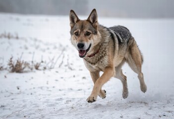 Naklejka premium Czechoslovakian Wolfdog running in the snowy countryside of czech during winter, in a cold and snow meadown, wild doggy in the natural ambient