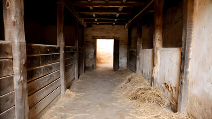 Fototapeta premium Inside an old wooden stable the stable door is at