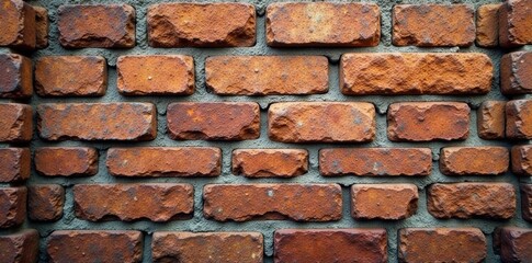 Obraz premium Aged stone facade with grunge brick pattern featuring rusty metal reinforcement, grunge, rough, brick