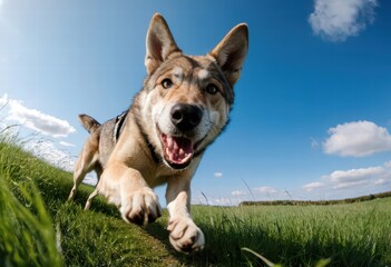 Czechoslovakian Wolfdog running on green grass, in the countryside, wild doggy on the nature