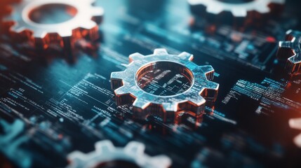 Close-up view of intricate metallic gears resting on a detailed circuit board showcasing lines of code to illustrate the complexity of technology and software