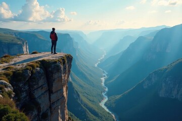 Fototapeta premium An individual stands at the edge of a cliff overlooking a breathtaking landscape, vastness, nature
