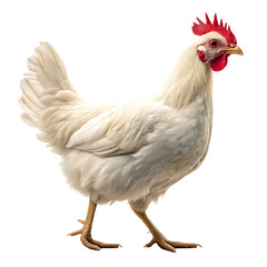 Fototapeta premium A white chicken with a red comb standing on a black background alone