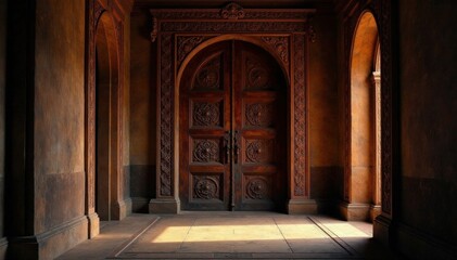 Fototapeta premium Ancient wooden doors with intricate carvings in a dimly lit hallway, old, dark